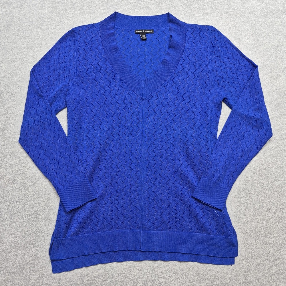 Cable and Gauge Sweater Womens Large Blue Rayon Knit Pullover Long Sleeve Casual